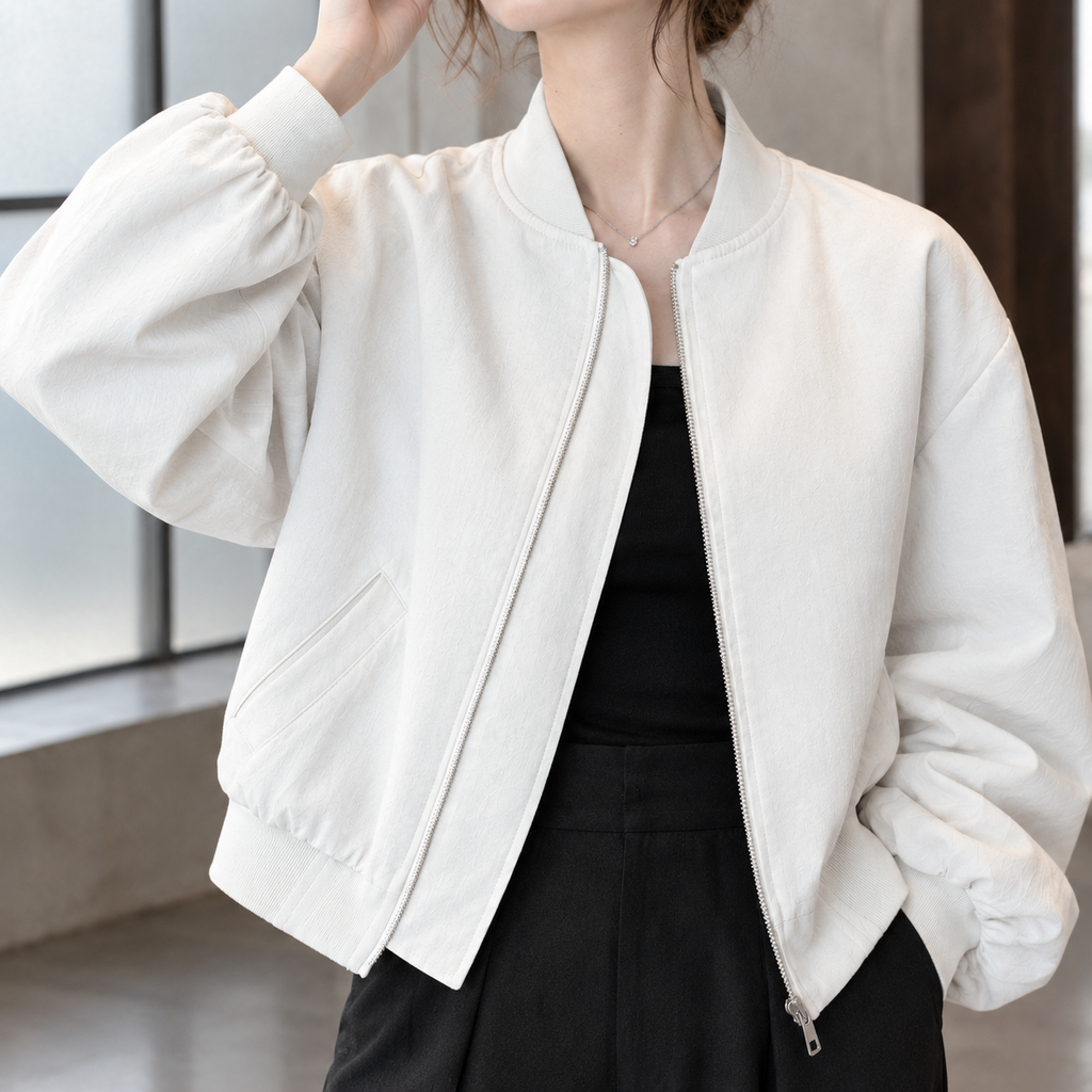 Women's Cropped Bomber Jacket with Ribbed Collar – Casual Look, Everyday Wear