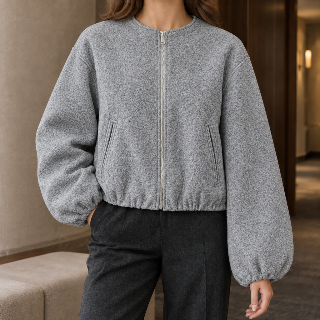 Women's Cropped Balloon-Sleeve Zip-Up Jacket – Casual, Everyday Wear