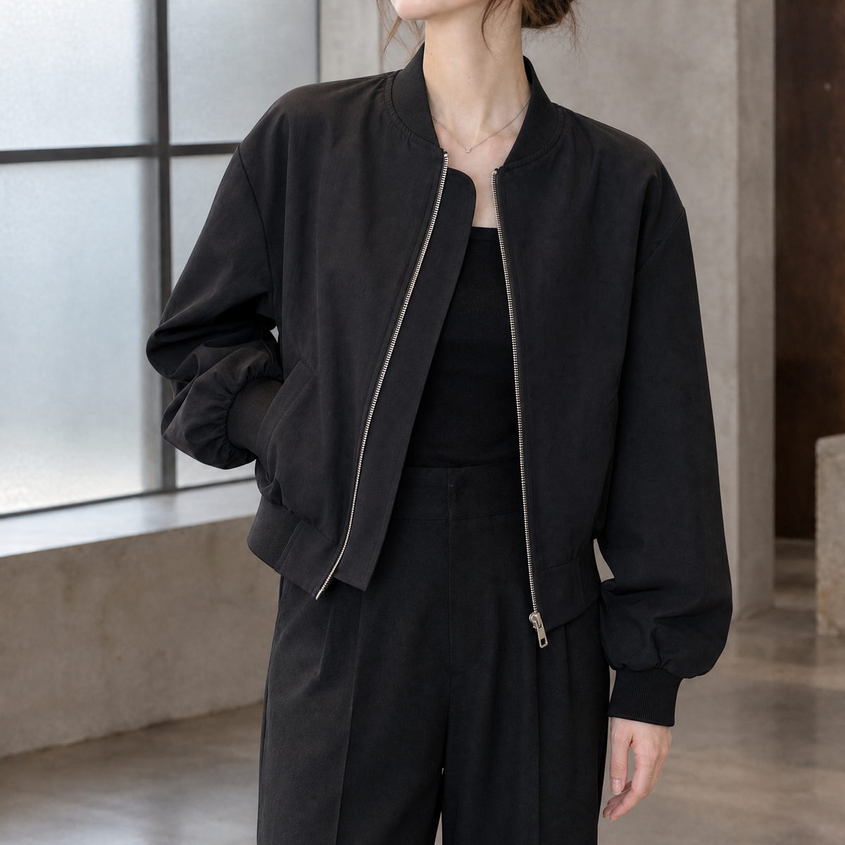Women's Cropped Bomber Jacket with Ribbed Collar – Casual Look, Everyday Wear