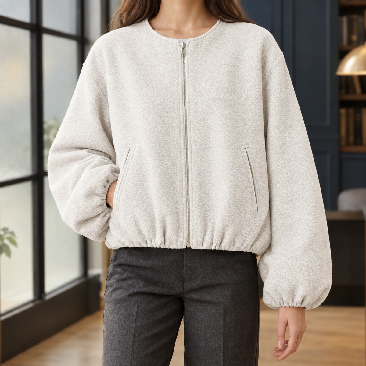 Women's Cropped Zip-Front Jacket with Balloon Sleeves – Casual Wear, Everyday Style
