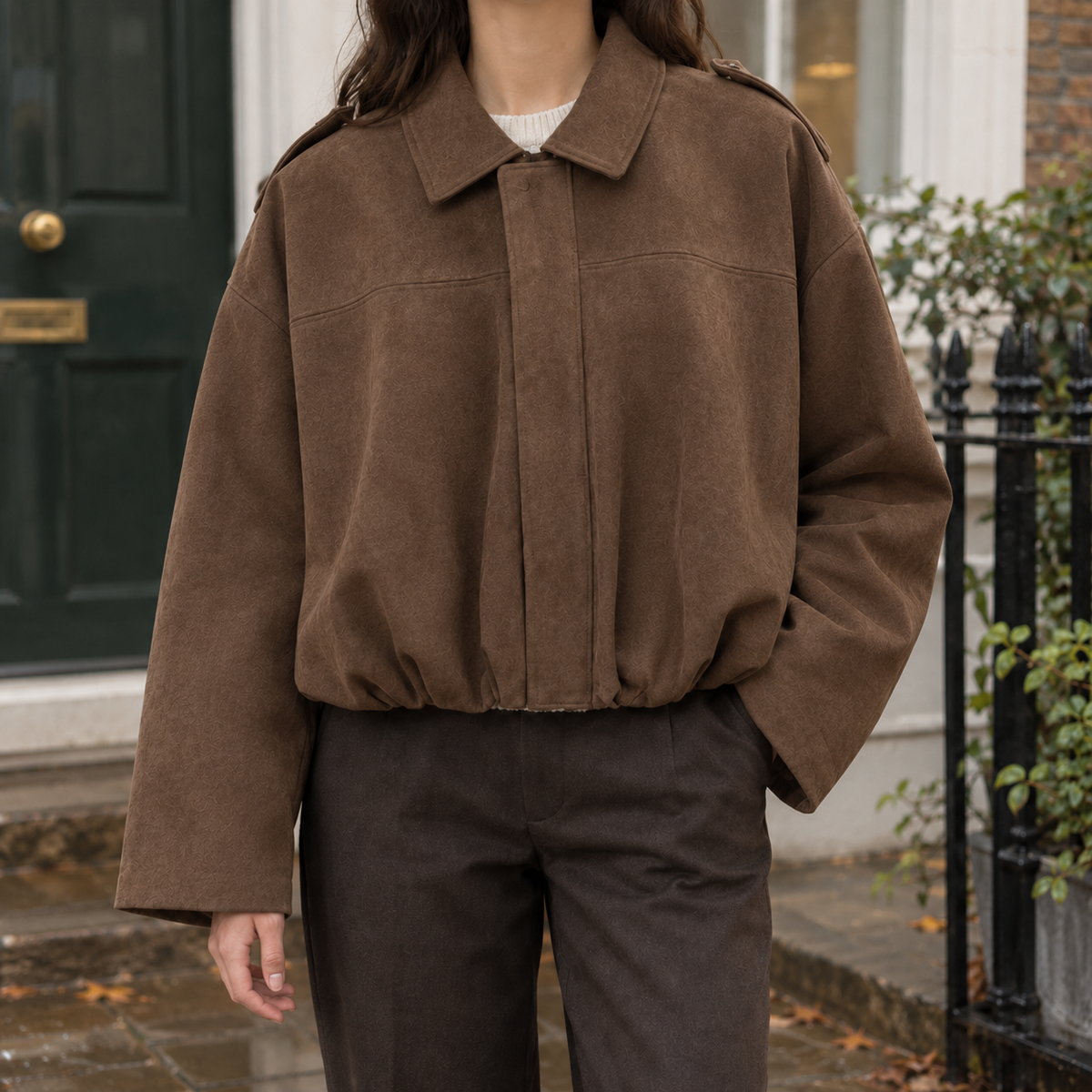 Women's Suede-Effect Bomber Jacket with Concealed Zip – Casual, Everyday Wear