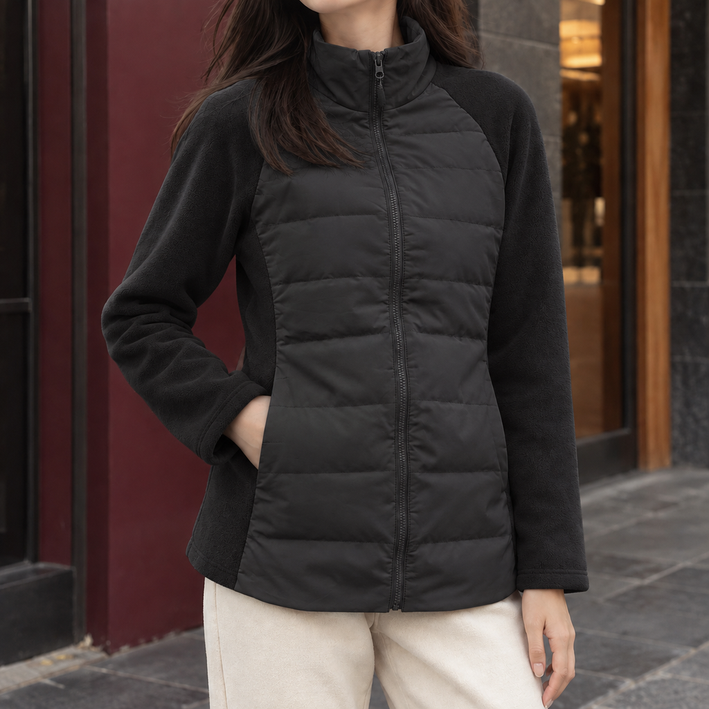Women's Quilted Panel Jacket with Stand Collar and Full Zip – Casual Wear, Outdoor Activities
