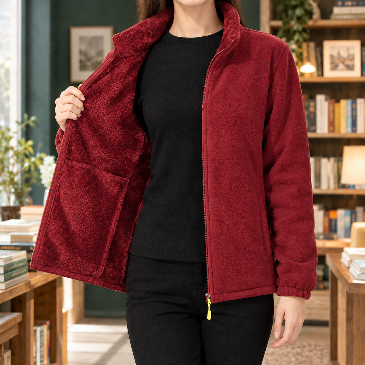 Women's Zip-Up Fleece Jacket with Plush Lining and Stand Collar – Casual Wear, Outdoor Adventures