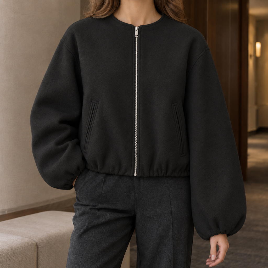 Women's Cropped Balloon-Sleeve Zip-Up Jacket – Casual, Everyday Wear
