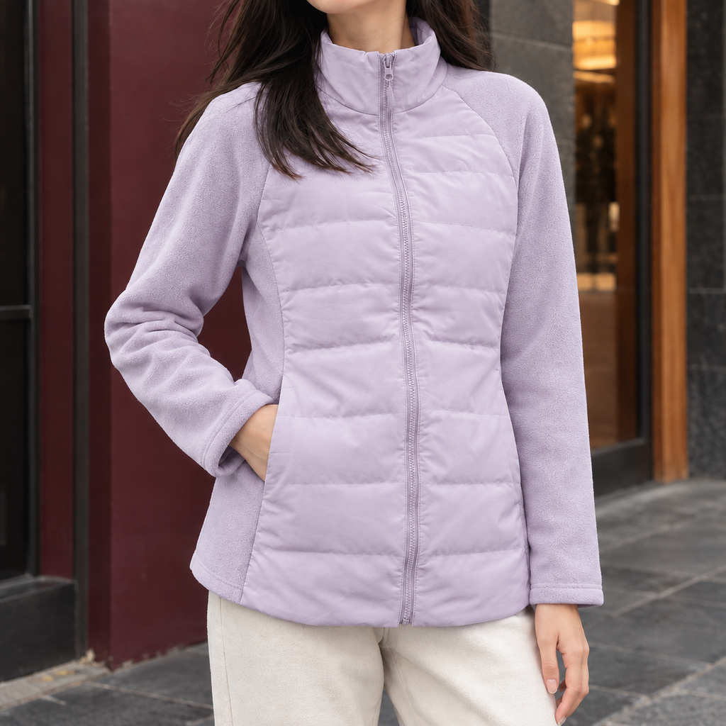Women's Quilted Panel Jacket with Stand Collar and Full Zip – Casual Wear, Outdoor Activities
