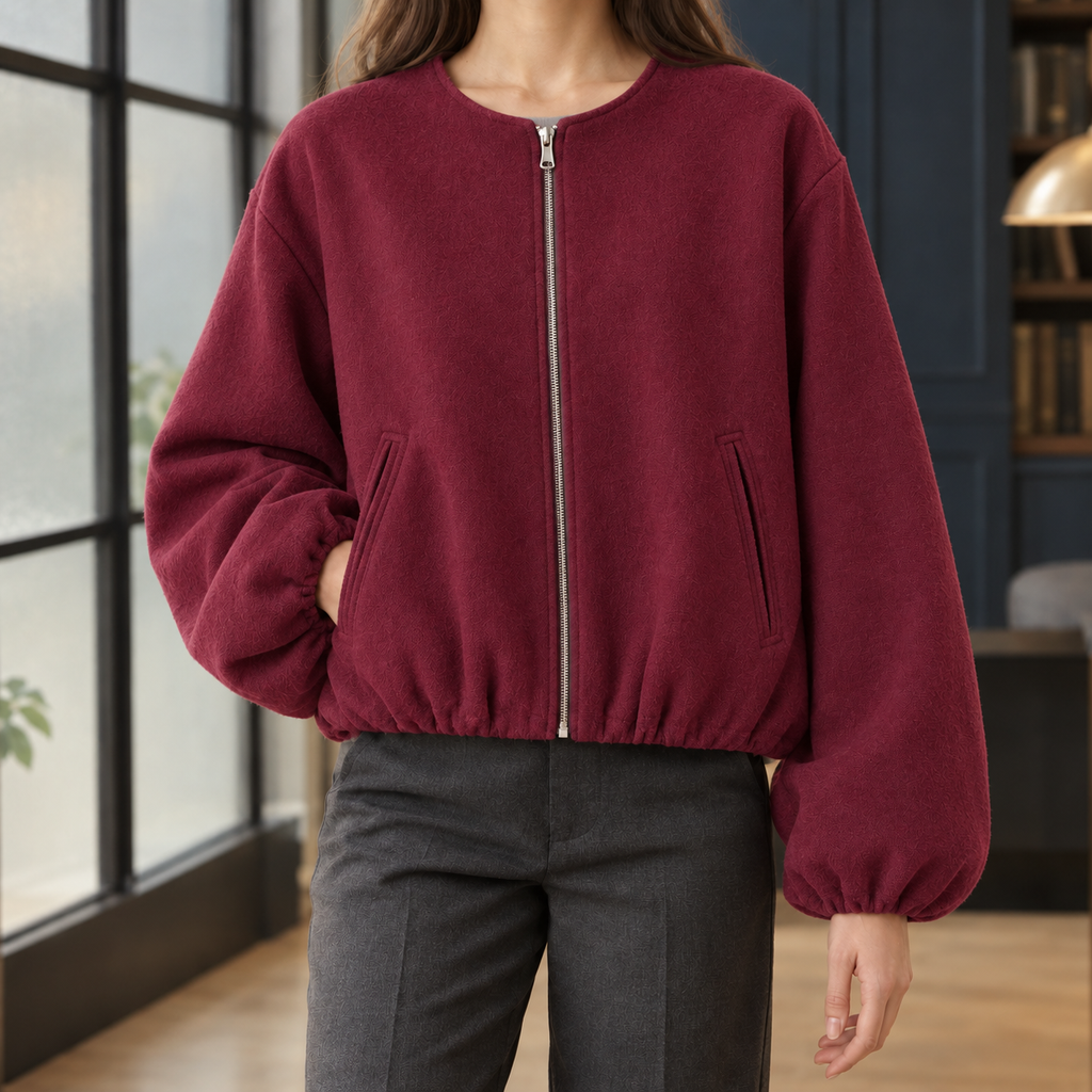 Women's Cropped Zip-Front Jacket with Balloon Sleeves – Casual Wear, Everyday Style