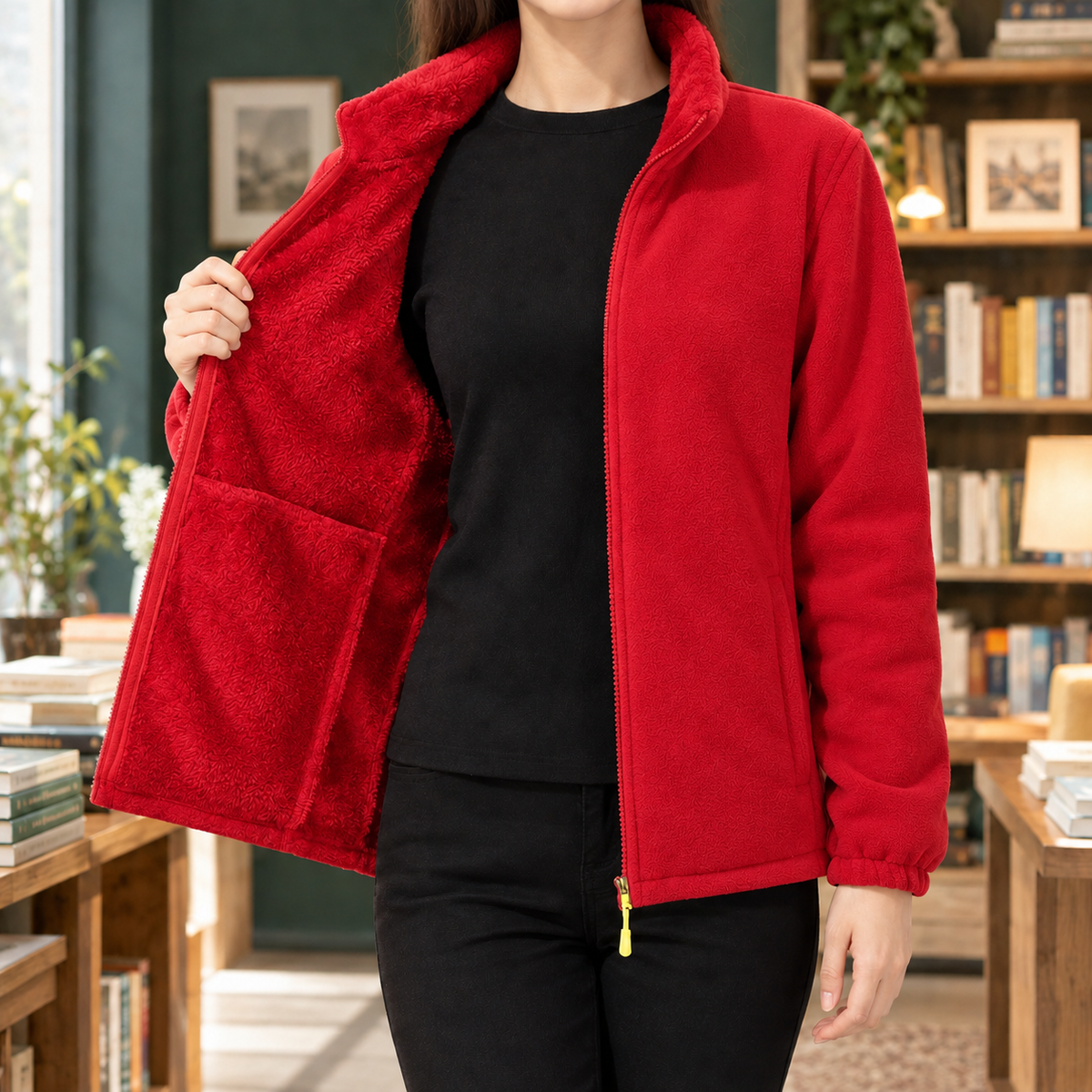 Women's Zip-Up Fleece Jacket with Plush Lining and Stand Collar – Casual Wear, Outdoor Adventures