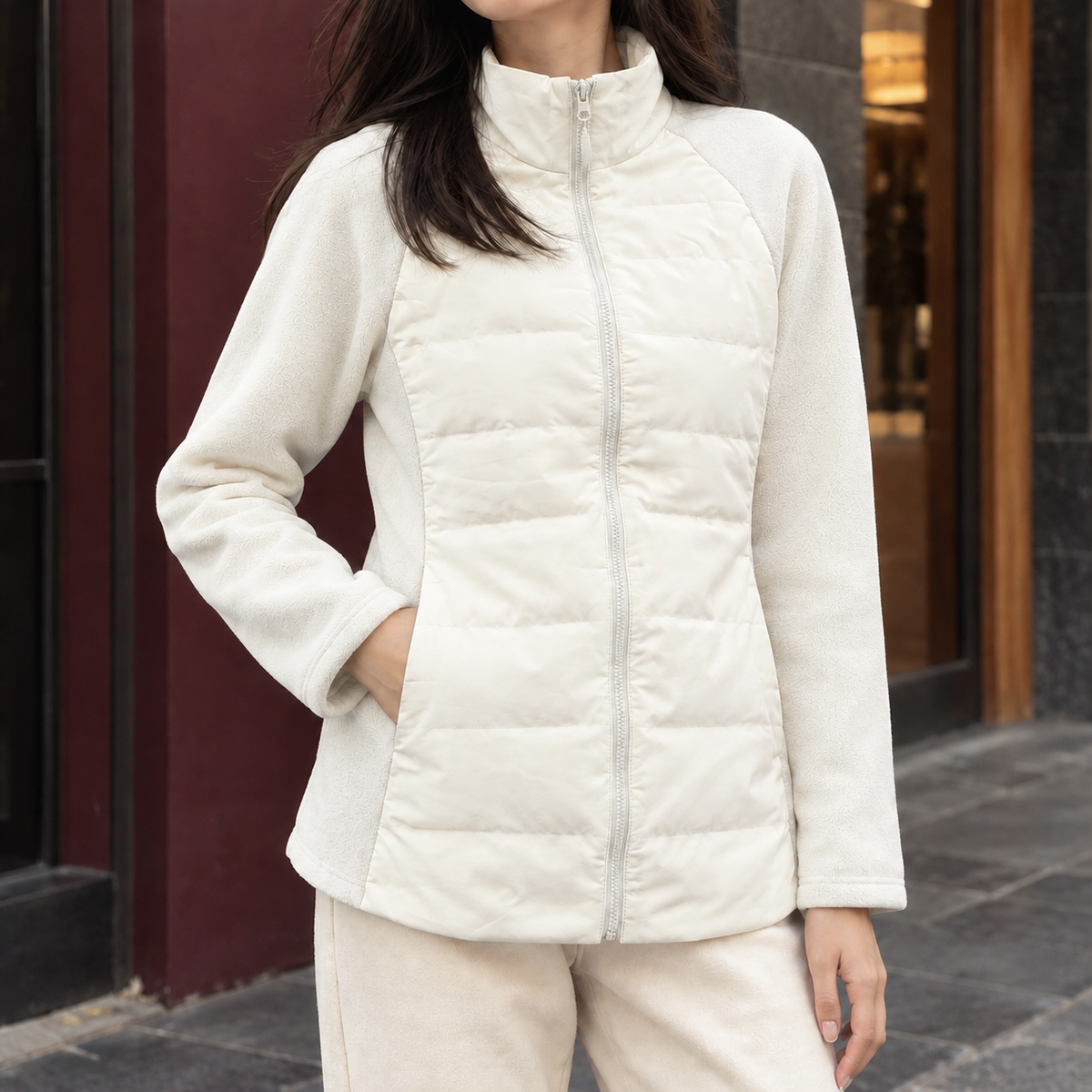 Women's Quilted Panel Jacket with Stand Collar and Full Zip – Casual Wear, Outdoor Activities