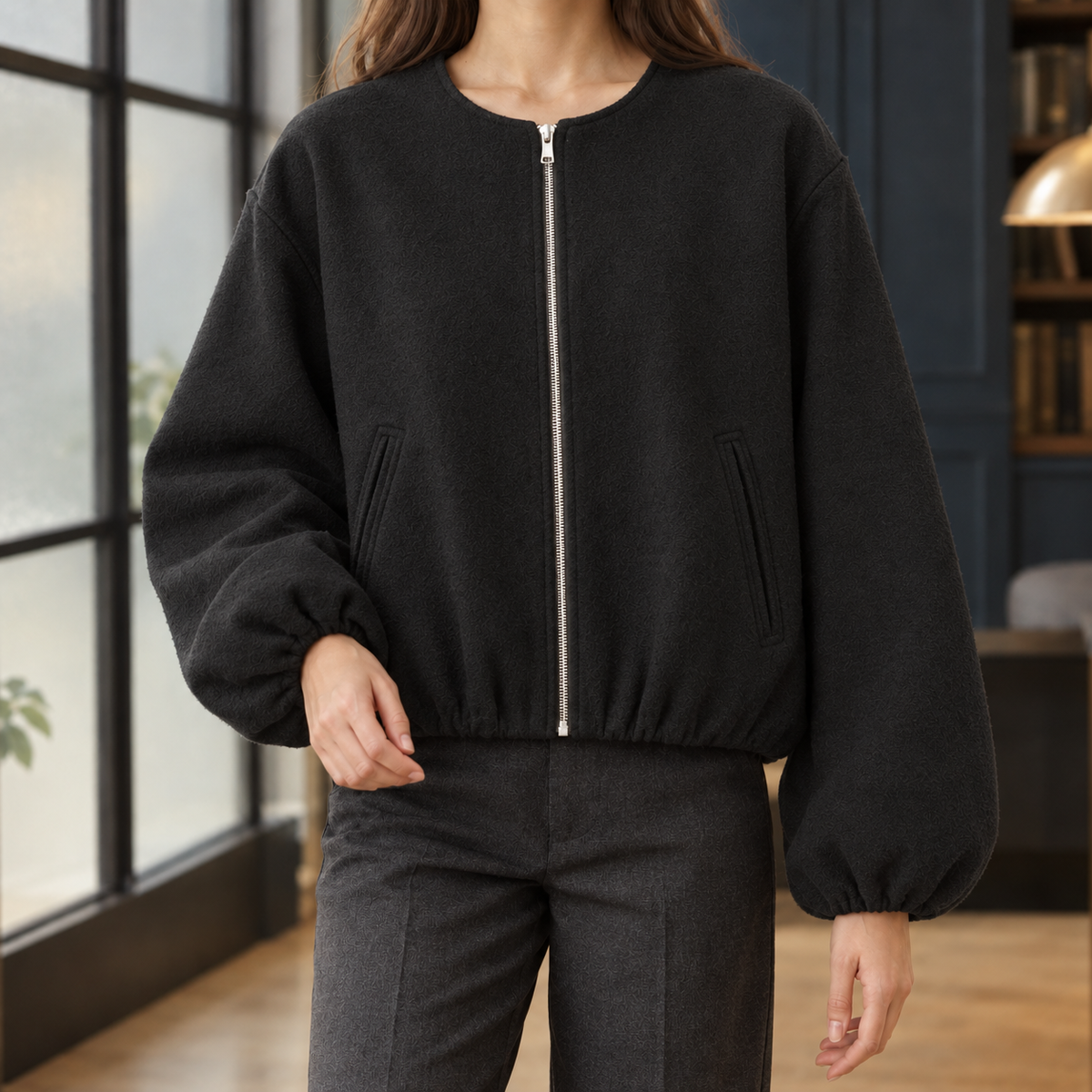 Women's Cropped Zip-Front Jacket with Balloon Sleeves – Casual Wear, Everyday Style