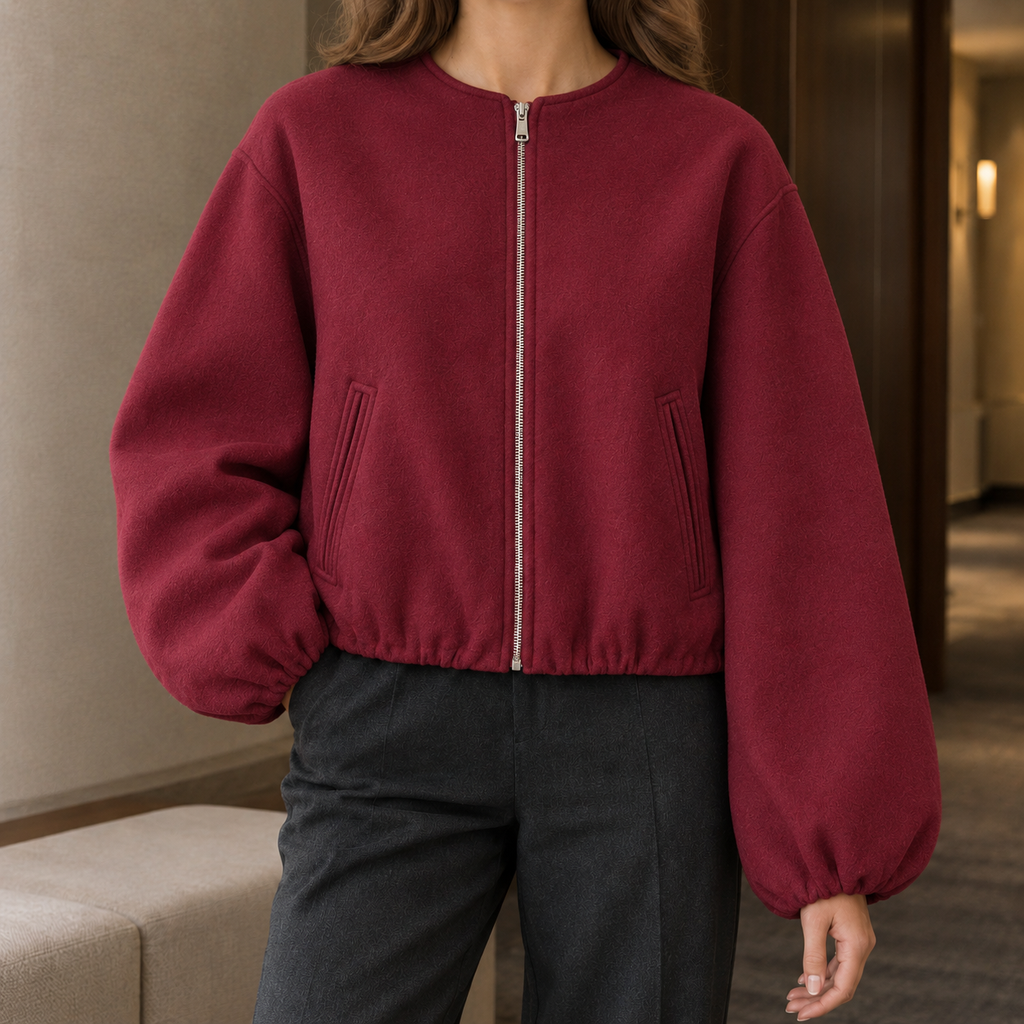 Women's Cropped Balloon-Sleeve Zip-Up Jacket – Casual, Everyday Wear