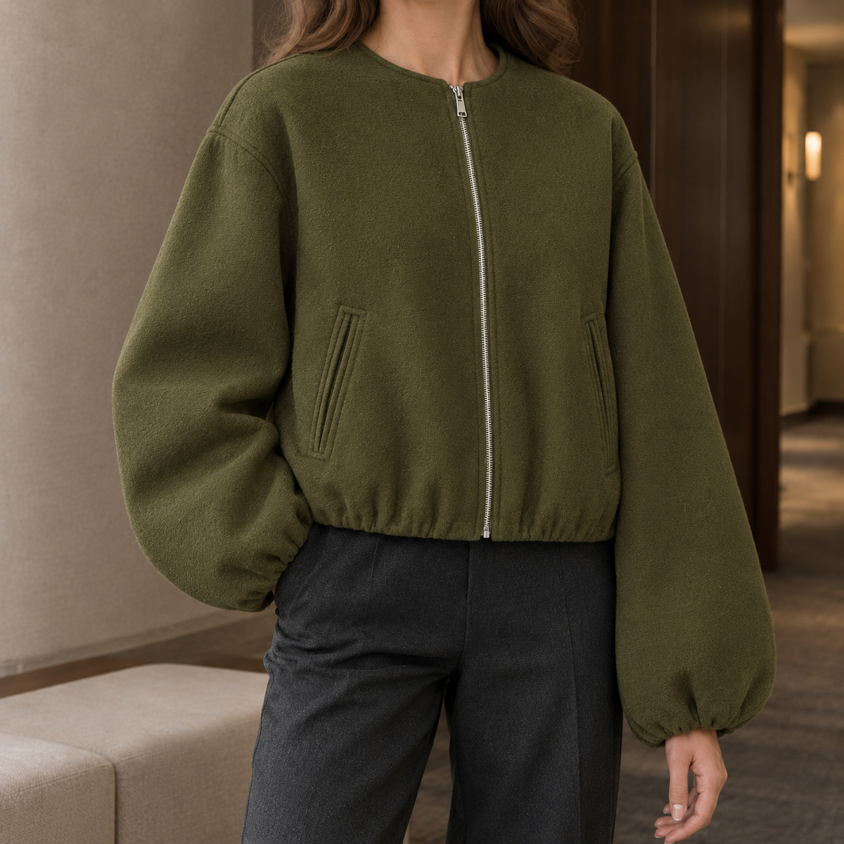 Women's Cropped Balloon-Sleeve Zip-Up Jacket – Casual, Everyday Wear