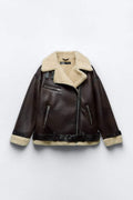 Women's Faux Shearling Aviator Jacket with Oversized Collar – Stylish Outerwear, Warm Layering