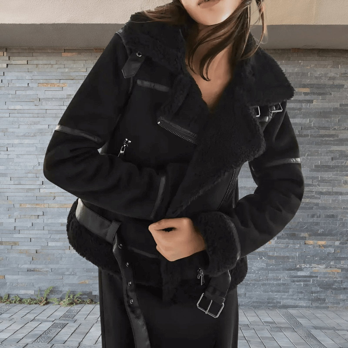 Warm Shearling Aviator Jacket – Stylish Faux Fur Lining, Casual Wear, Winter Outerwear